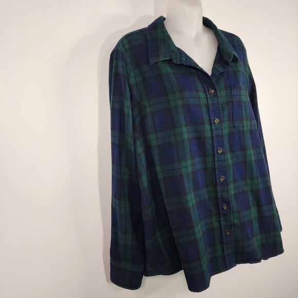LL Bean Womens Flannel Shirt XL Petite Blue Green Button Plaid Fitted Outdoor - Picture 4 of 9